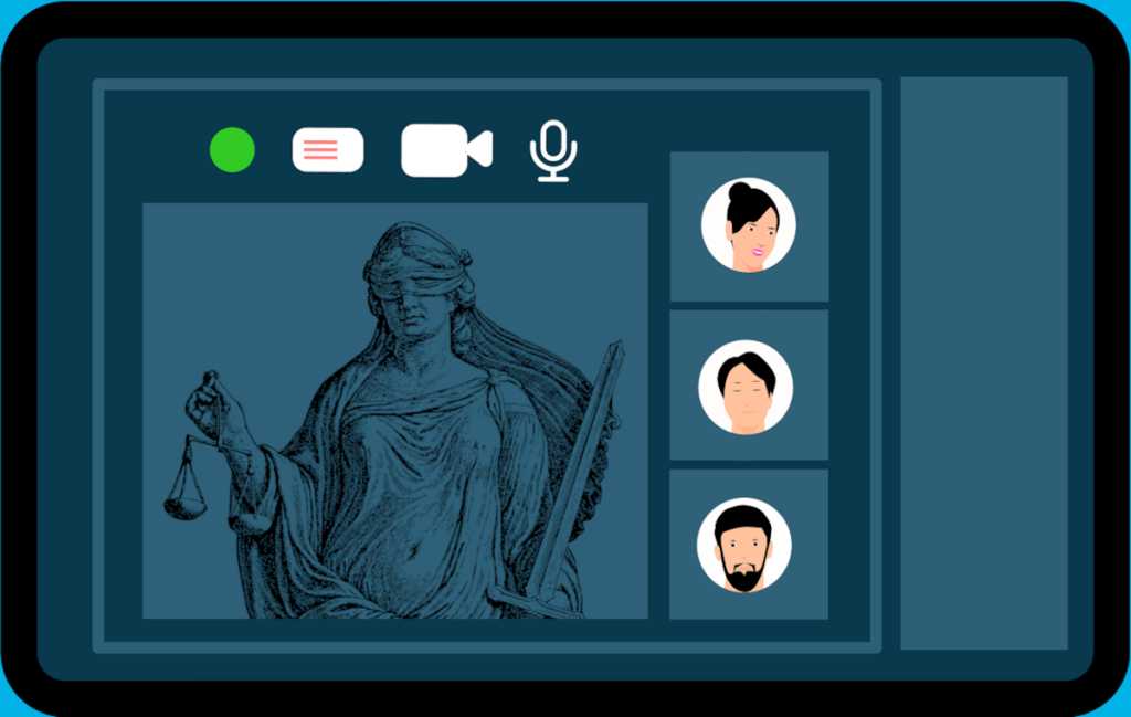Symbolbild für Digitale Gerichtssäle: Justitia in einer Videokonferenz